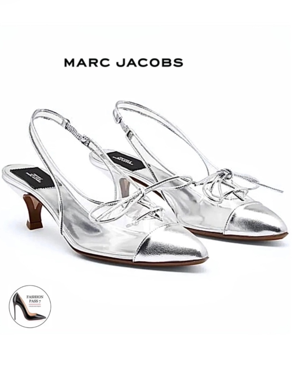 MARC JACOBS Slingback Kitten-Heel Pumps Silver Clear Pointed Toe Designer Shoes
